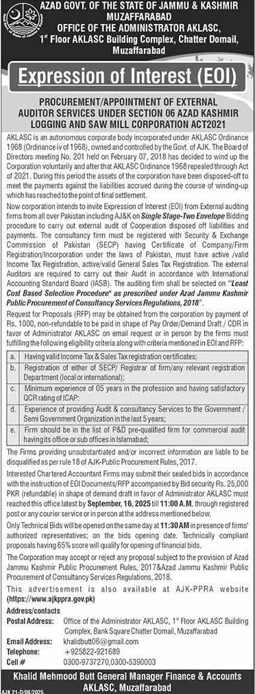 AKLASC Muzaffarabad Tender Notice